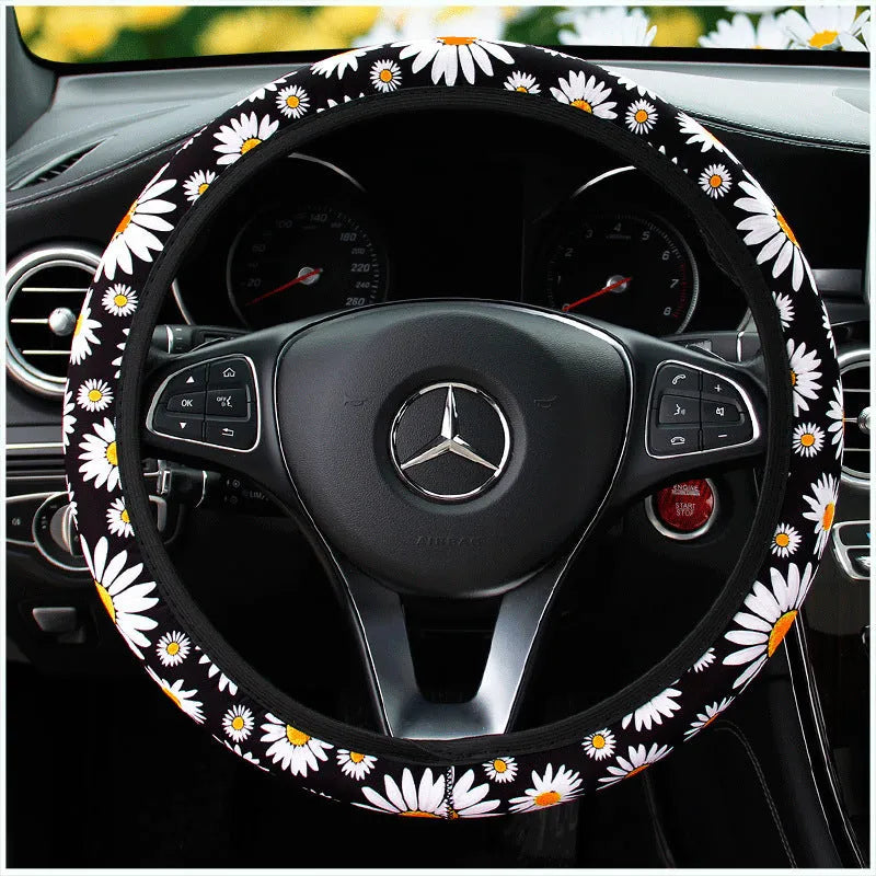 Linen car steering wheel cover in black daisy without inner ring, fits 38cm wheel, all-season general style