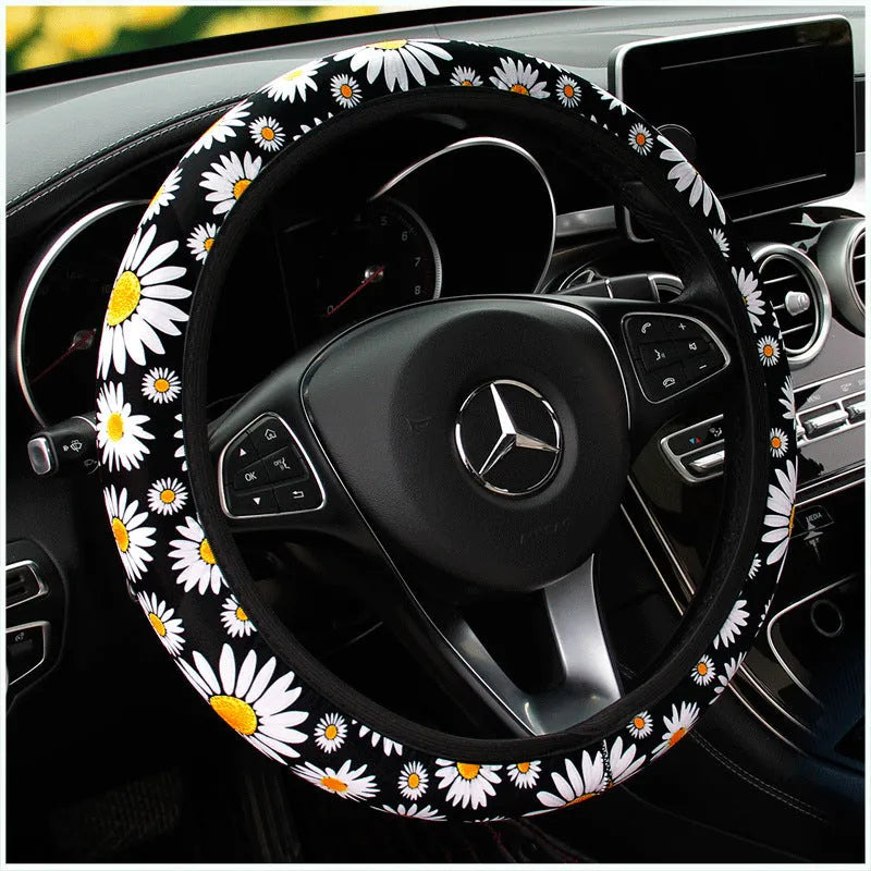 Linen car steering wheel cover in black daisy without inner ring, fits 38cm wheel, all-season general style