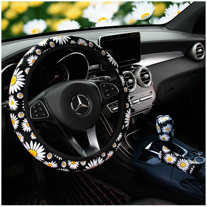 Linen car steering wheel cover in black daisy without inner ring, fits 38cm wheel, all-season general style