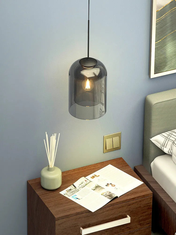 Nordic glass wall lamp with E27 holder, letter lamp shape, soot or amber shade, for living room or hotel aisle.