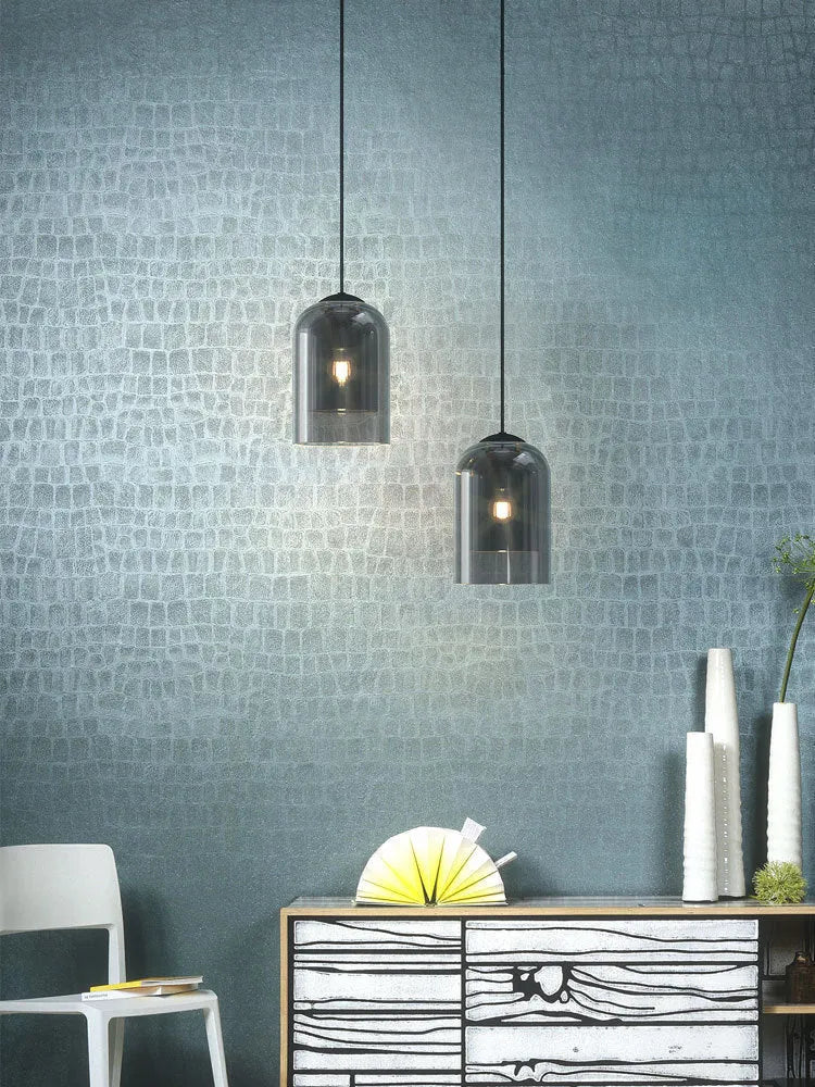 Nordic glass wall lamp with E27 holder, letter lamp shape, soot or amber shade, for living room or hotel aisle.