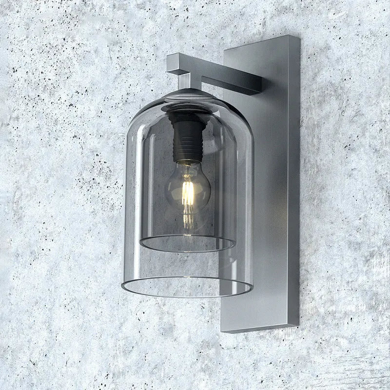Nordic glass wall lamp with E27 holder, letter lamp shape, soot or amber shade, for living room or hotel aisle.