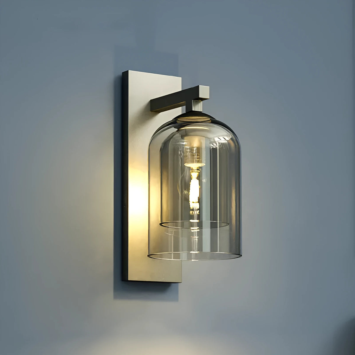 Nordic glass wall lamp with E27 holder, letter lamp shape, soot or amber shade, for living room or hotel aisle.