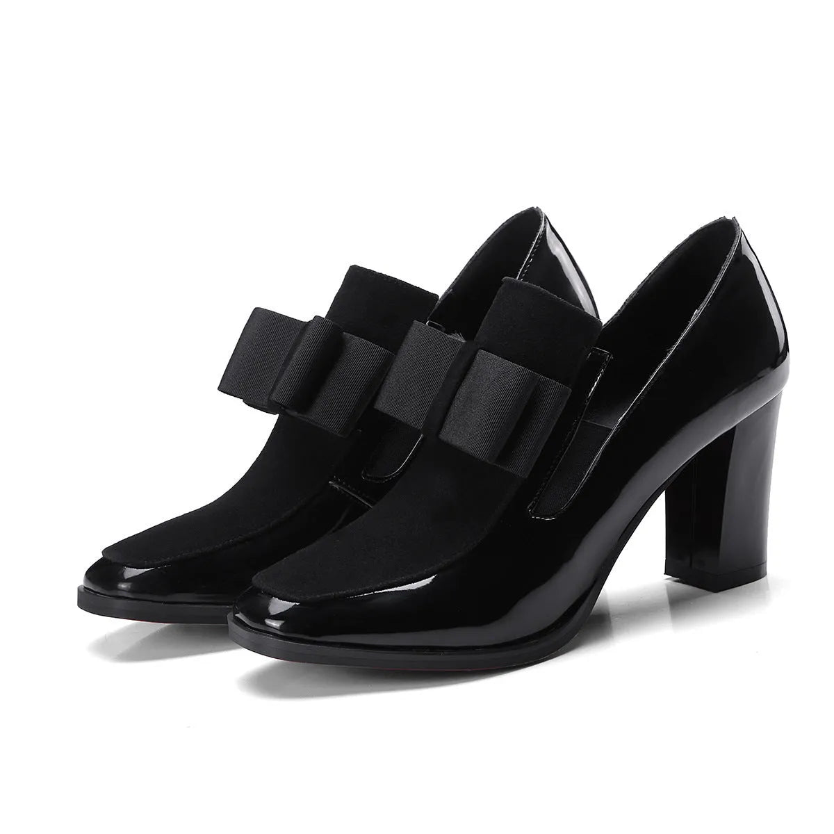 Women's black patent leather high heels with 8cm thick heel and square toe design on wooden floor