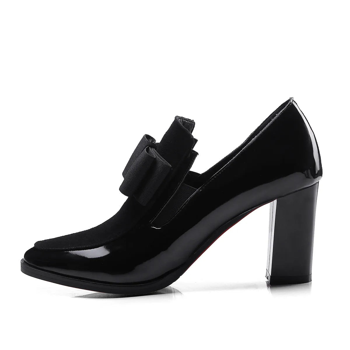 Women's black patent leather high heels with 8cm thick heel and square toe design on wooden floor