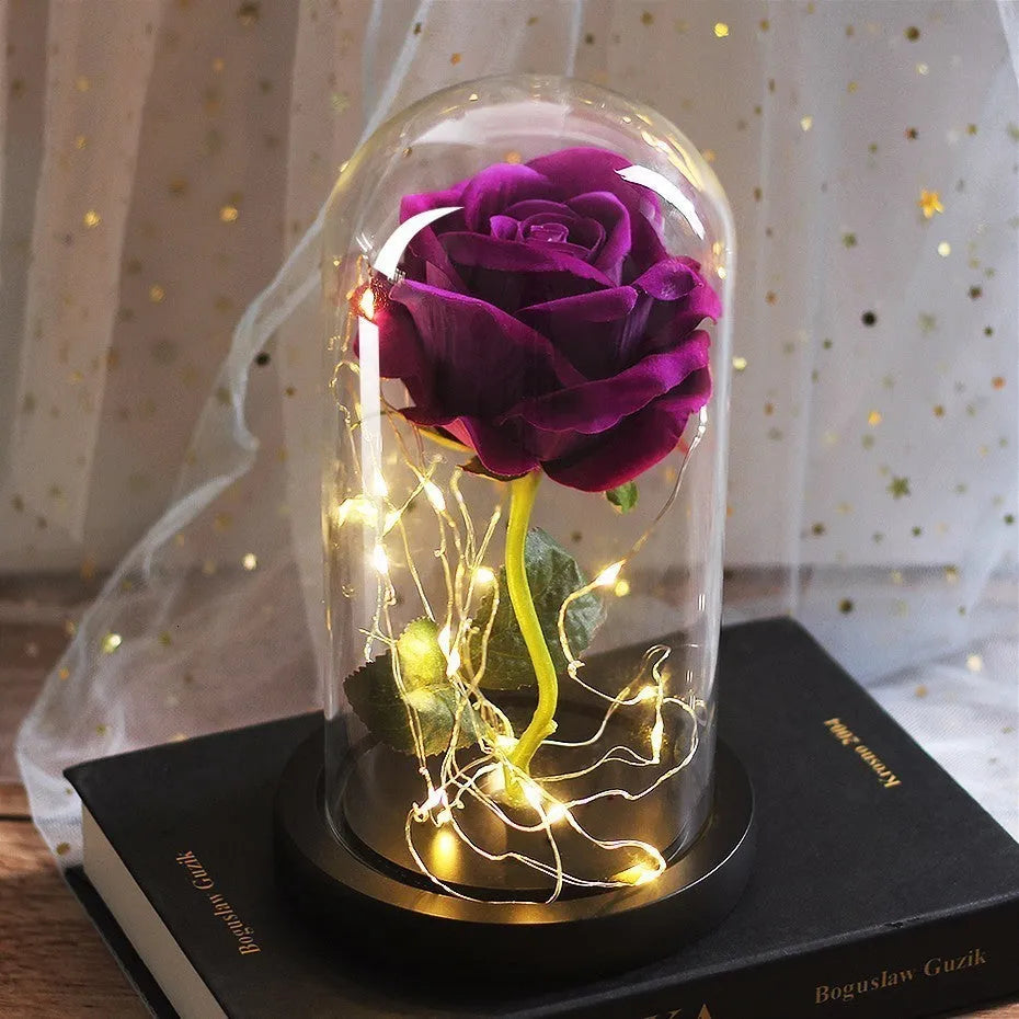 Immortal simulation rose glass cover LED ornament with silk flower and warm white lighting