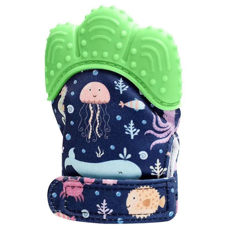 Silicone baby teether glove with adjustable magic sticker, convex grinding surface, and squeaky toy sound, 10x7cm