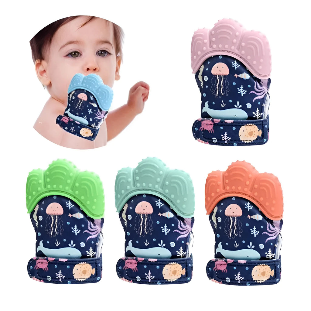 Silicone baby teether glove with adjustable magic sticker, convex grinding surface, and squeaky toy sound, 10x7cm