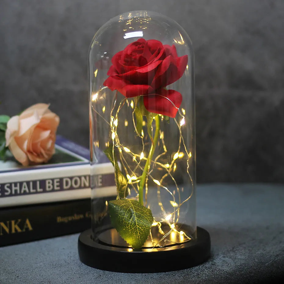 Immortal simulation rose glass cover LED ornament with silk flower and warm white lighting