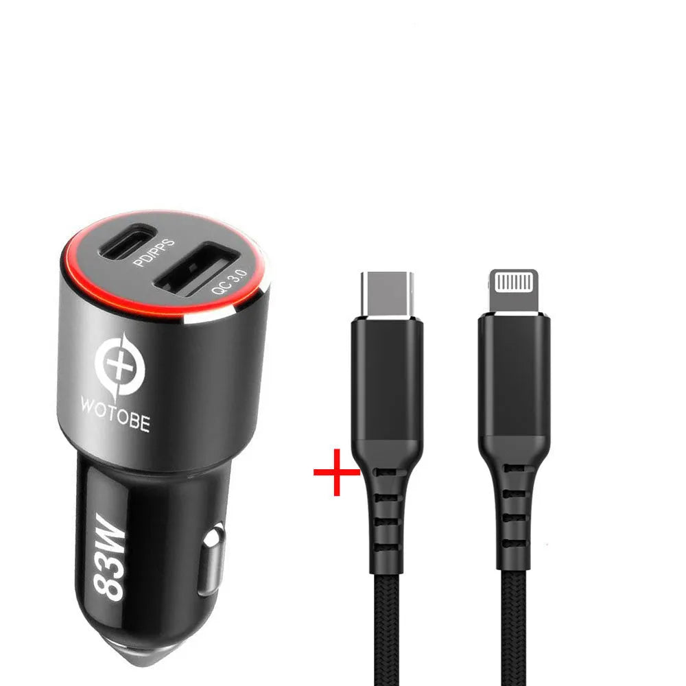 83W dual-port fast car charger with USB-C and QC3.0 ports for laptops and smartphones