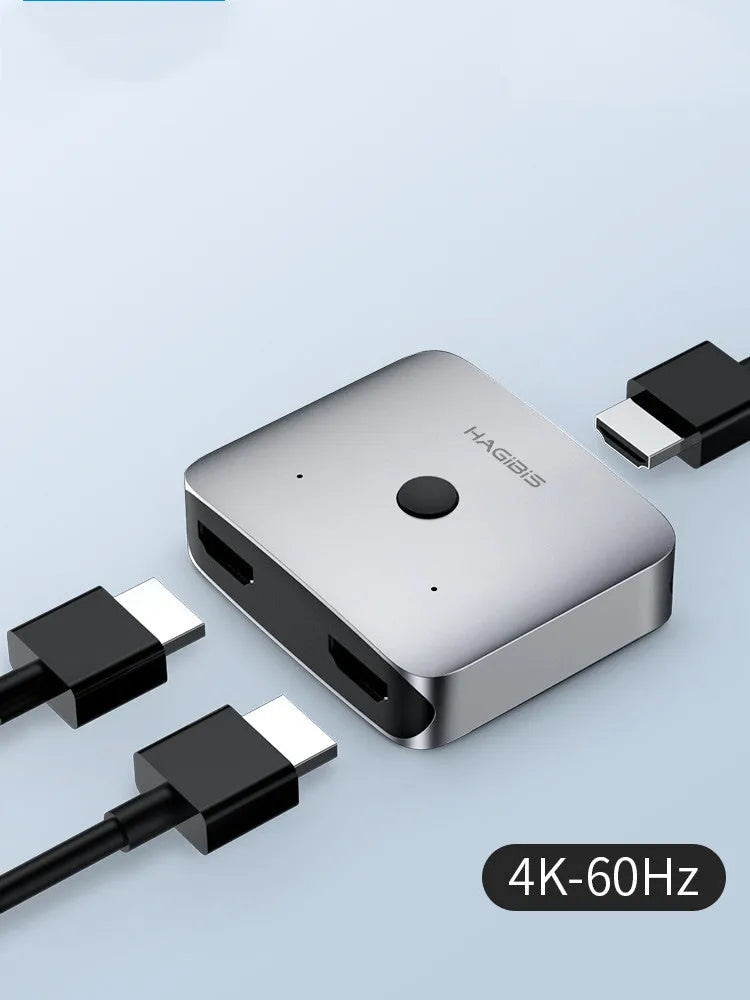 Grey Haibeisi HDMI 1-input 2-output switcher splitter device for 4K video signals.