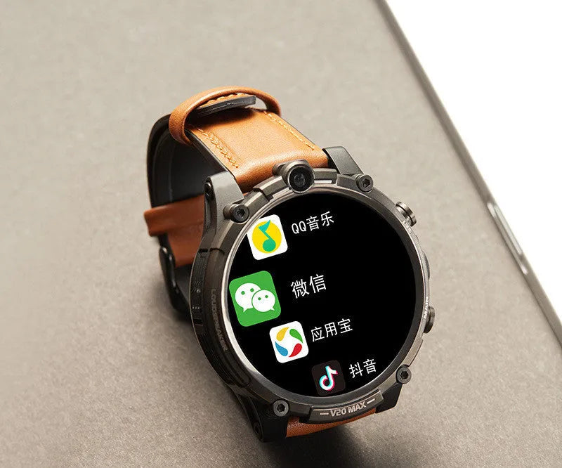 Black smart phone watch with 1.6-inch screen showing interface, worn on wrist with visible camera