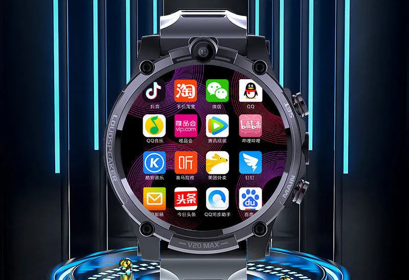 Black smart phone watch with 1.6-inch screen showing interface, worn on wrist with visible camera
