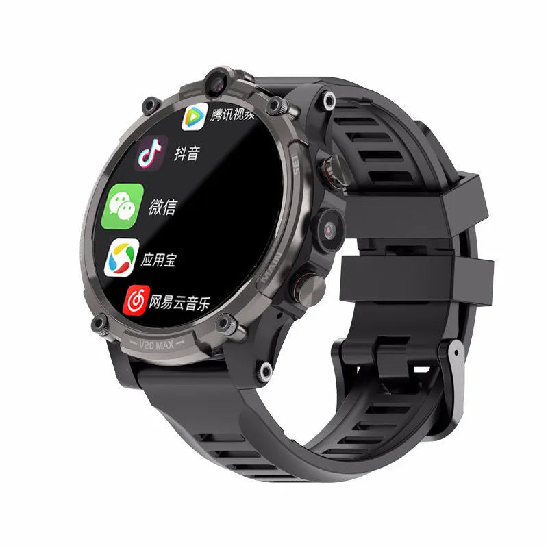Black smart phone watch with 1.6-inch screen showing interface, worn on wrist with visible camera