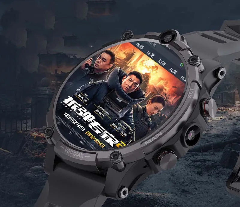 Black smart phone watch with 1.6-inch screen showing interface, worn on wrist with visible camera