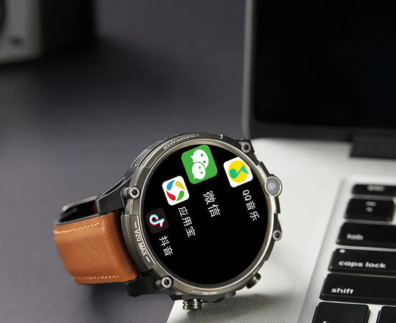 Black smart phone watch with 1.6-inch screen showing interface, worn on wrist with visible camera
