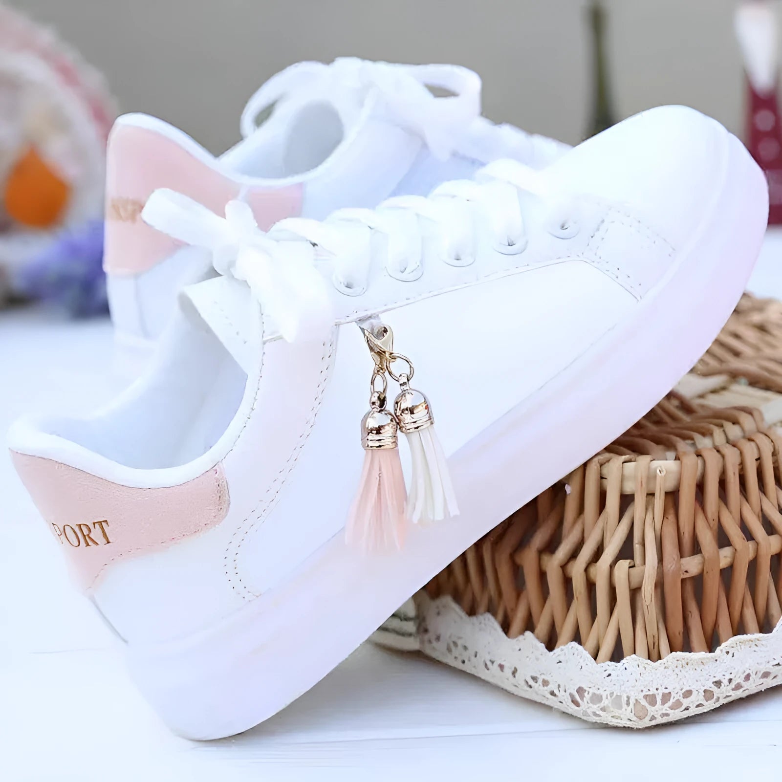 Women's white mesh flat shoes with a 4cm heel on a rubber sole, shown in black and pink colour options.