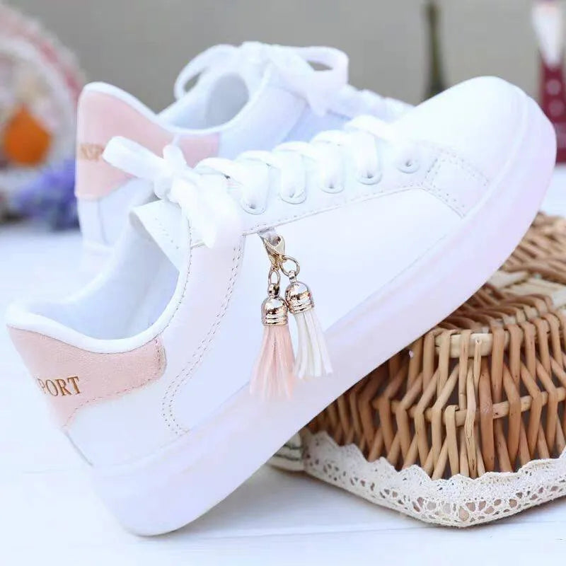 Women's white mesh flat shoes with a 4cm heel on a rubber sole, shown in black and pink colour options.