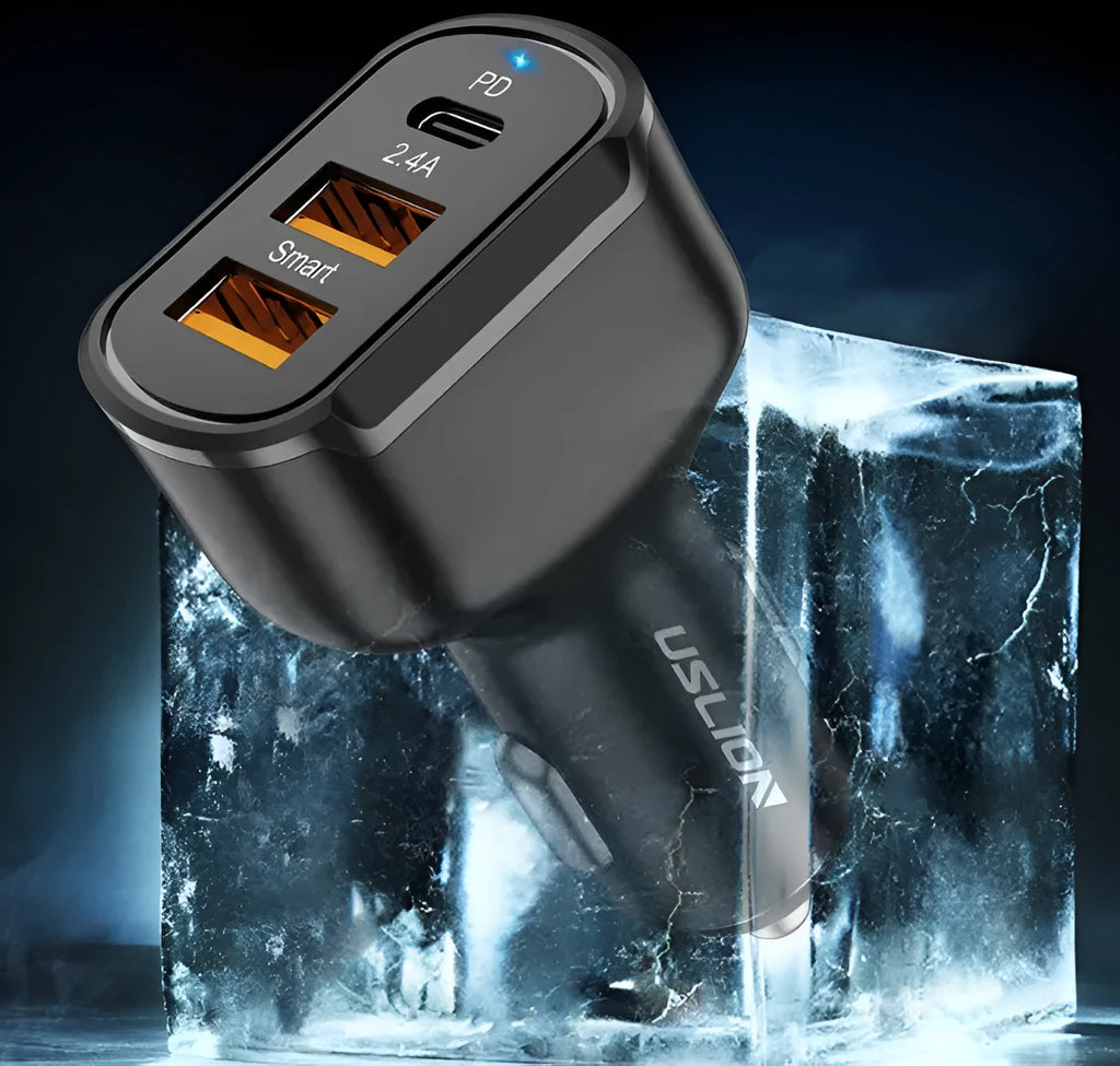 Black ABS PC car charger with 24V input, 5V output, 3000mA current and USB port