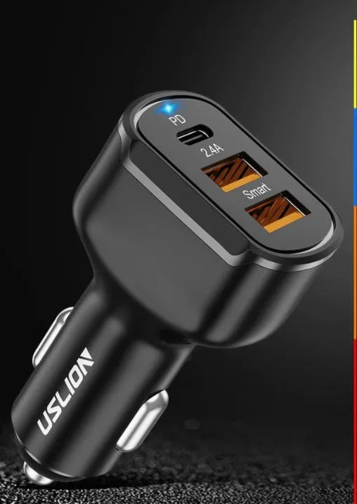 Black ABS PC car charger with 24V input, 5V output, 3000mA current and USB port