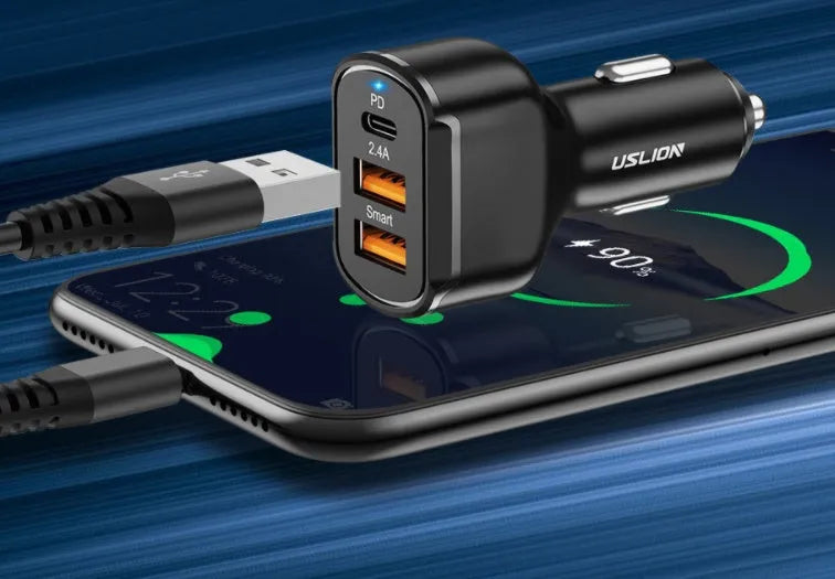 Black ABS PC car charger with 24V input, 5V output, 3000mA current and USB port