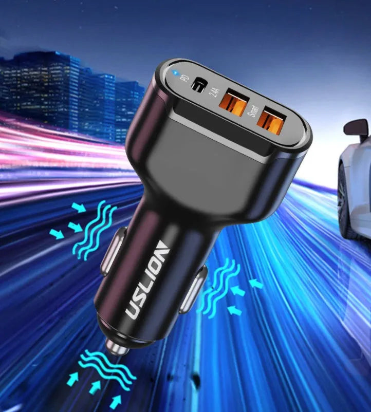 Black ABS PC car charger with 24V input, 5V output, 3000mA current and USB port