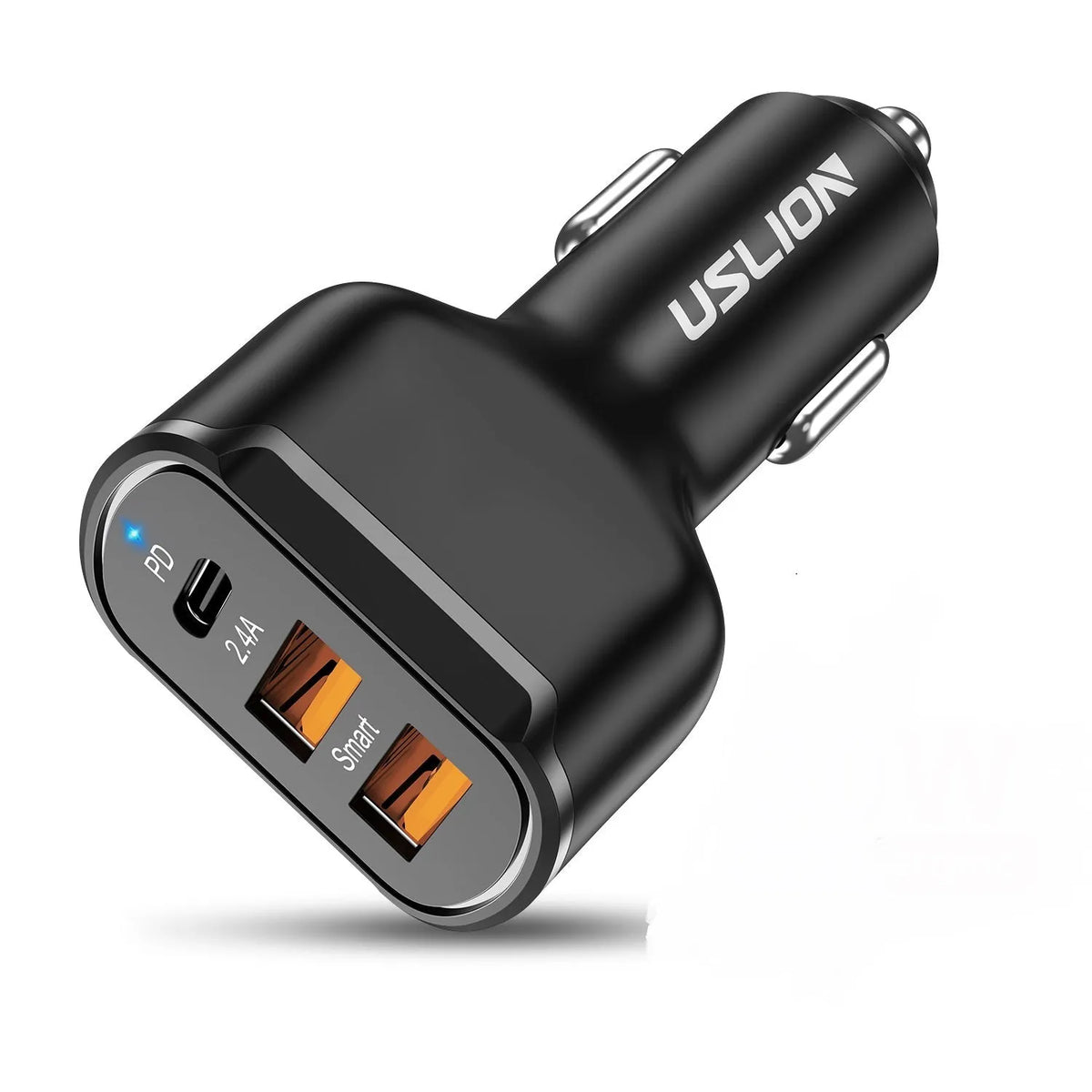 Black ABS PC car charger with 24V input, 5V output, 3000mA current and USB port