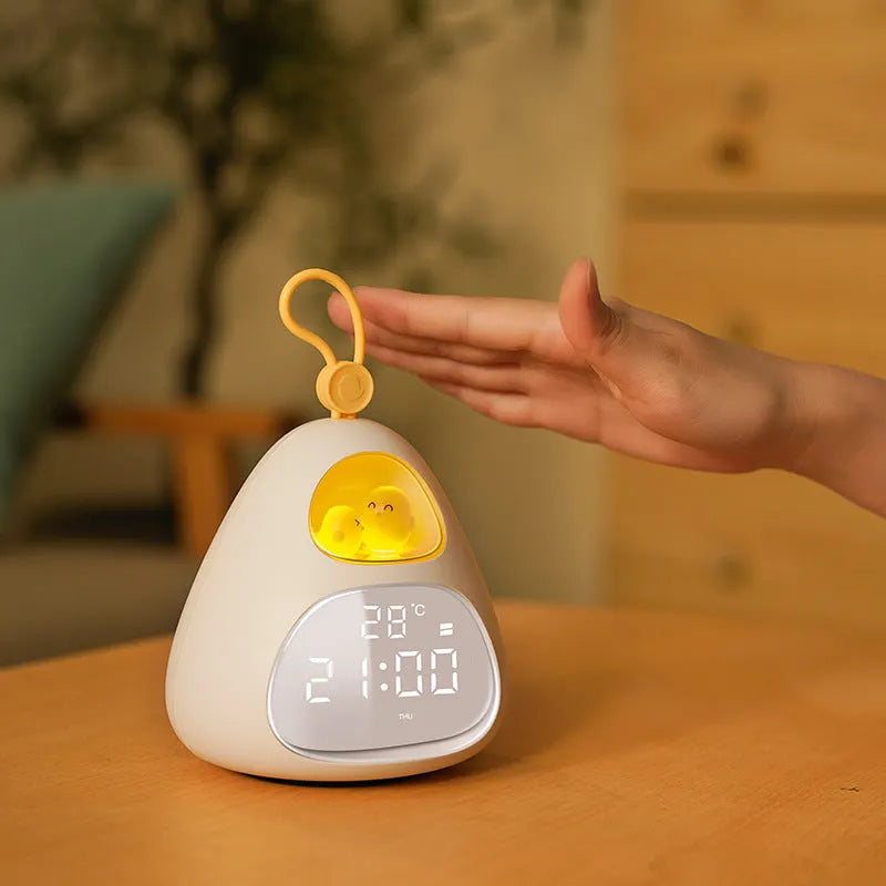 White triangle cartoon alarm clock for students with single-sided printed design and night charging