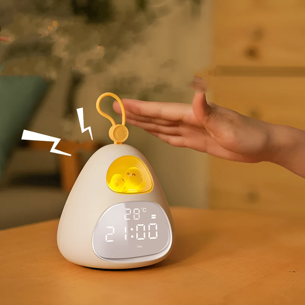 White triangle cartoon alarm clock for students with single-sided printed design and night charging