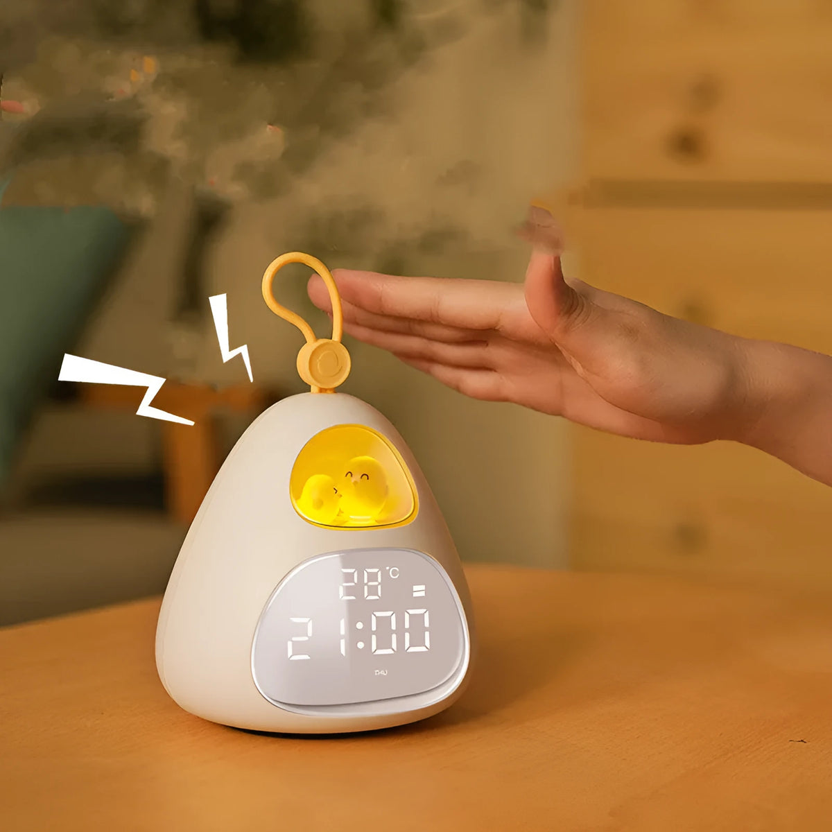 White triangle cartoon alarm clock for students with single-sided printed design and night charging