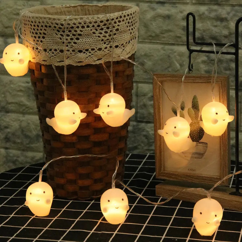 LED pumpkin ghost string lights in warm white, 2m 4m 8m options, battery USB plug-in Halloween decoration
