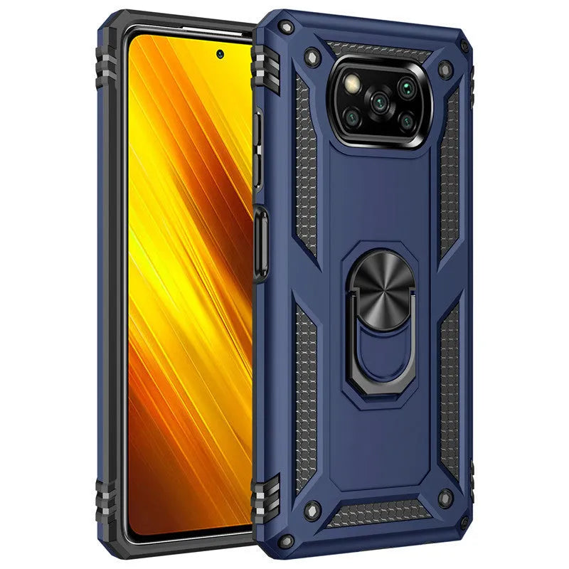 Xiaomi Pocophone Poco X3 NFC shockproof case in multiple colours showing TPU+PC+zinc alloy construction