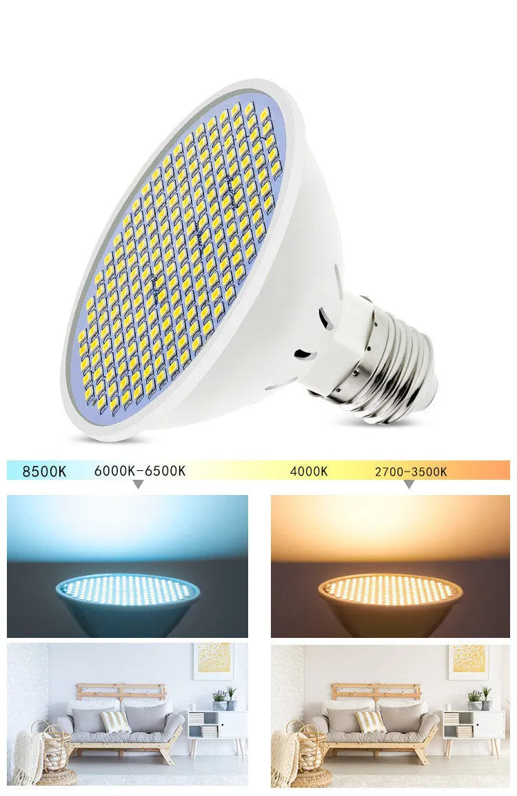 LED lamp cup with E27 holder, showing warm white and cool white options for household lighting
