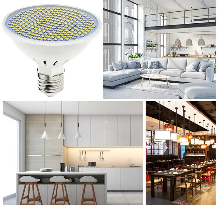 LED lamp cup with E27 holder, showing warm white and cool white options for household lighting