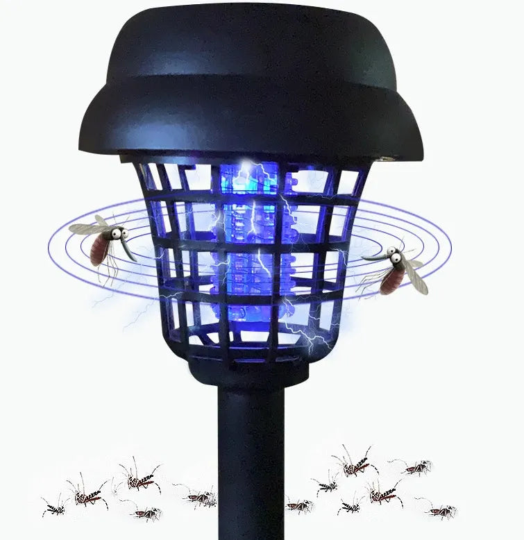 White and purple solar-powered mosquito killer lamp for outdoor garden and patio use.