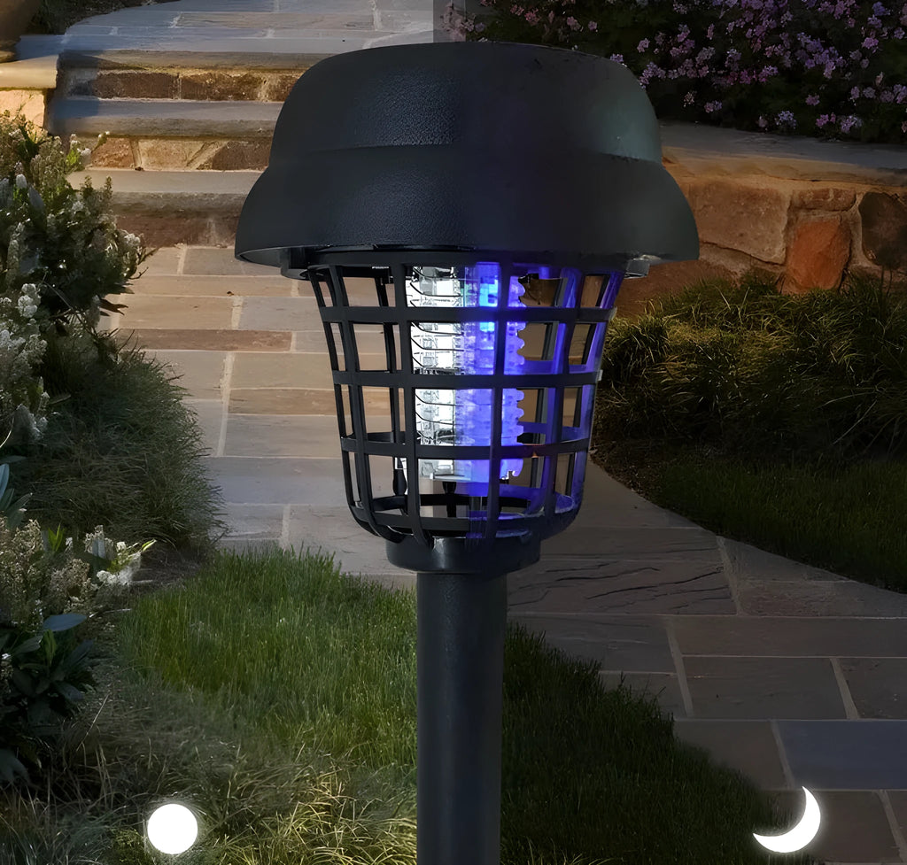 White and purple solar-powered mosquito killer lamp for outdoor garden and patio use.
