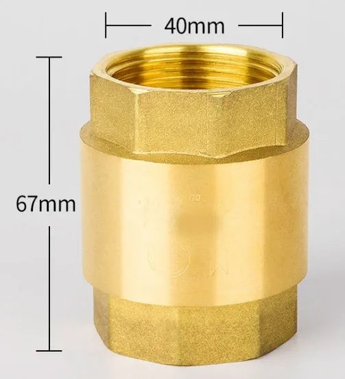 Solid brass check valve with threaded ends, shown in horizontal and vertical orientation options.