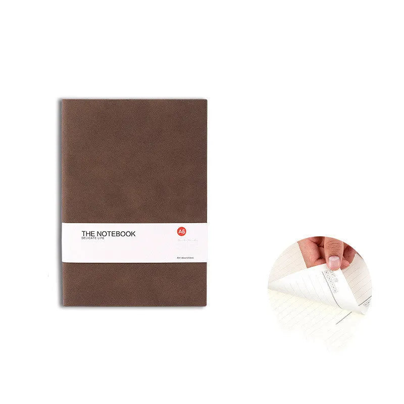 Simple solid-colour thickened notebook in green, dark blue, or orange red, shown in A5, A6, and B5 sizes.
