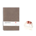 Simple solid-colour thickened notebook in green, dark blue, or orange red, shown in A5, A6, and B5 sizes.