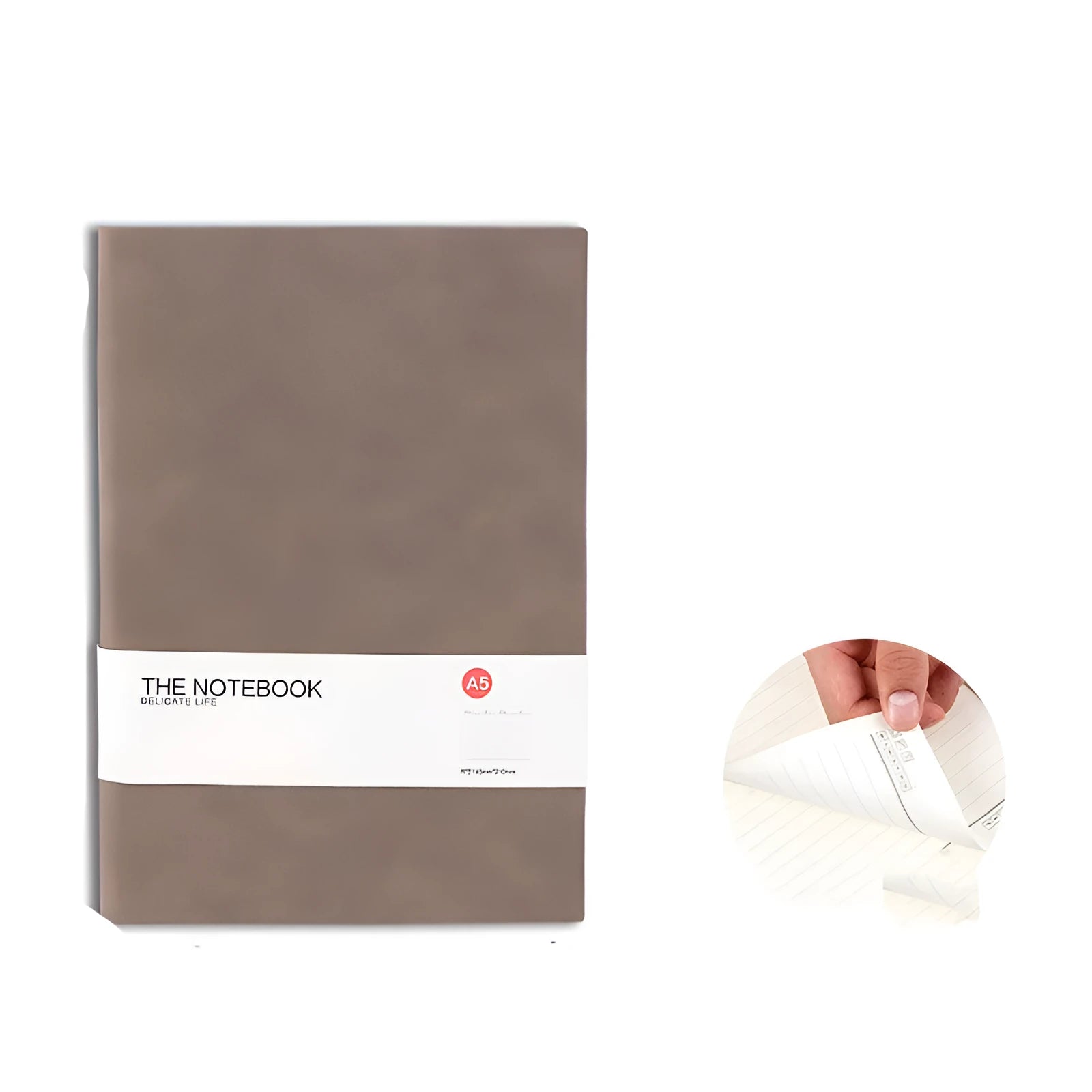 Simple solid-colour thickened notebook in green, dark blue, or orange red, shown in A5, A6, and B5 sizes.