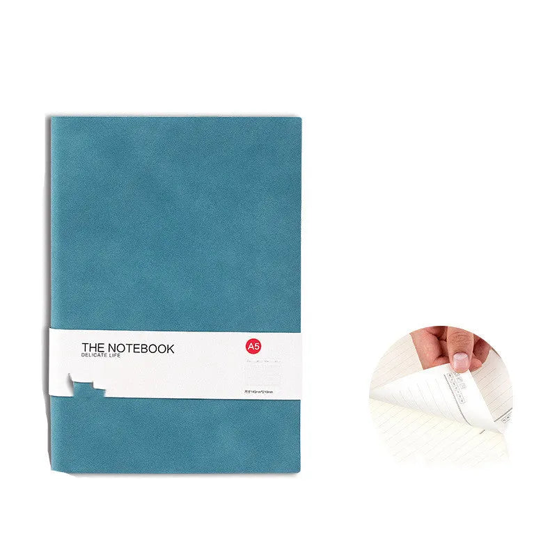Simple solid-colour thickened notebook in green, dark blue, or orange red, shown in A5, A6, and B5 sizes.