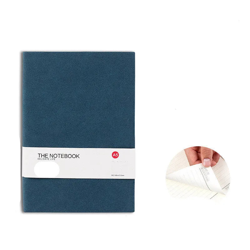 Simple solid-colour thickened notebook in green, dark blue, or orange red, shown in A5, A6, and B5 sizes.