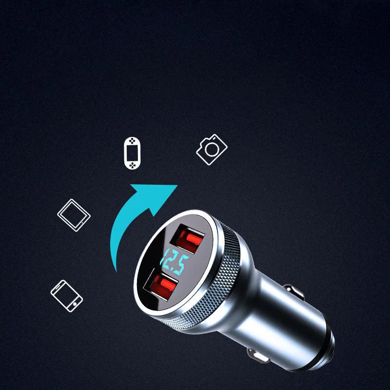 Black dual port car charger with digital display, QC3.0 and PD ports, 36W output, fits 12-24V cigarette lighter socket.