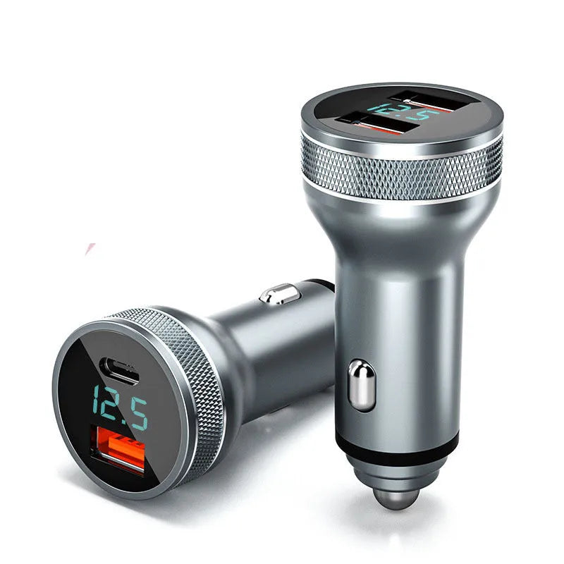 Black dual port car charger with digital display, QC3.0 and PD ports, 36W output, fits 12-24V cigarette lighter socket.