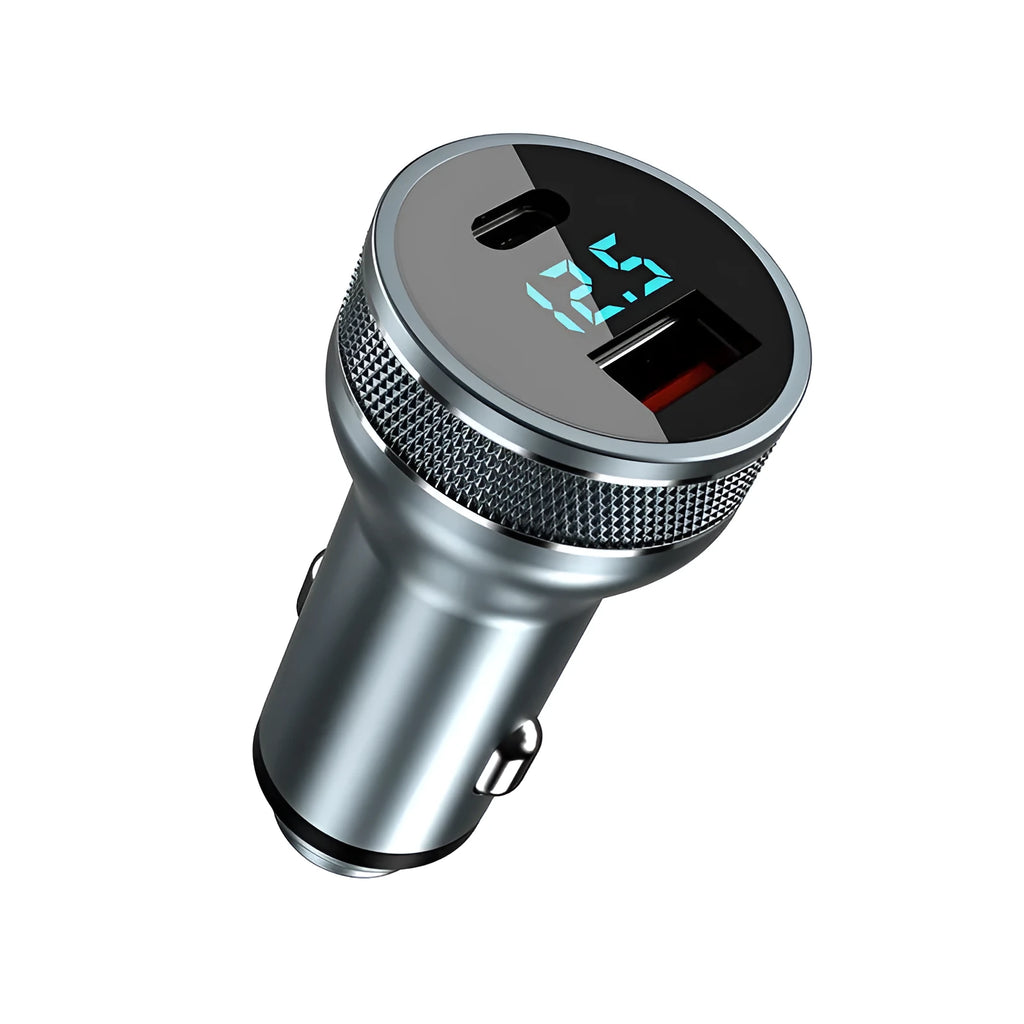 Black dual port car charger with digital display, QC3.0 and PD ports, 36W output, fits 12-24V cigarette lighter socket.