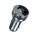Black dual port car charger with digital display, QC3.0 and PD ports, 36W output, fits 12-24V cigarette lighter socket.