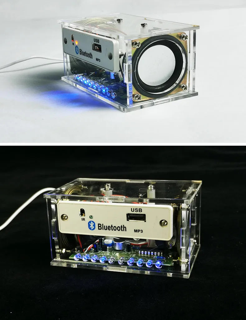 Bluetooth speaker DIY electronic assembly kit with transparent casing and loose components