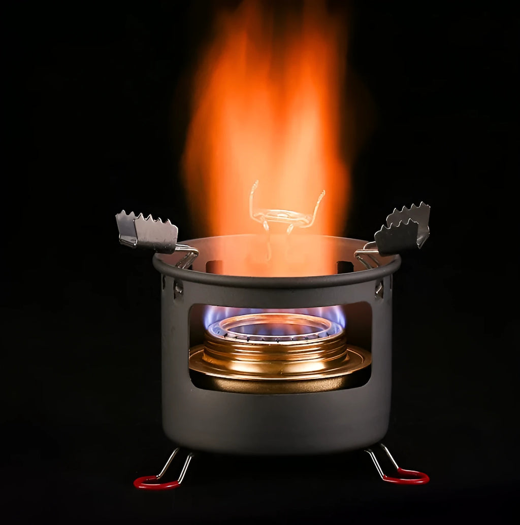 Alocs one-piece alcohol stove for outdoor use, shown with optional 0.8L or 1.4L kettle set and handle options