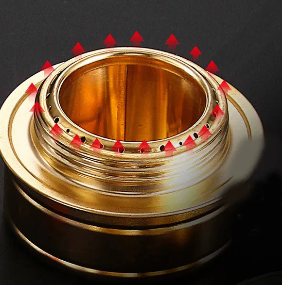 Alocs one-piece alcohol stove for outdoor use, shown with optional 0.8L or 1.4L kettle set and handle options