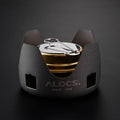 Alocs one-piece alcohol stove for outdoor use, shown with optional 0.8L or 1.4L kettle set and handle options